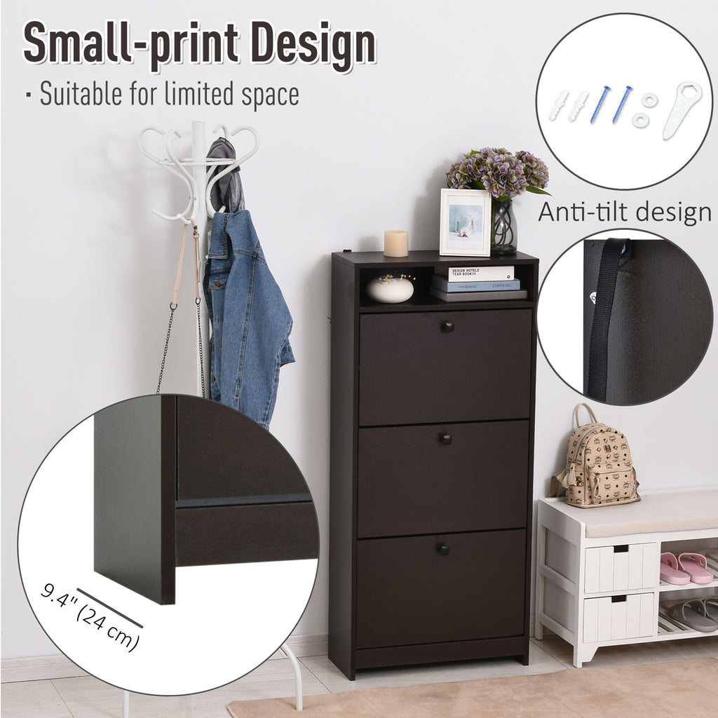 Slim Shoe Storage with 3 Flip Drawers and Adjustable Shelves Shoe Cabinet Organizer for 9 Pair, Coffee