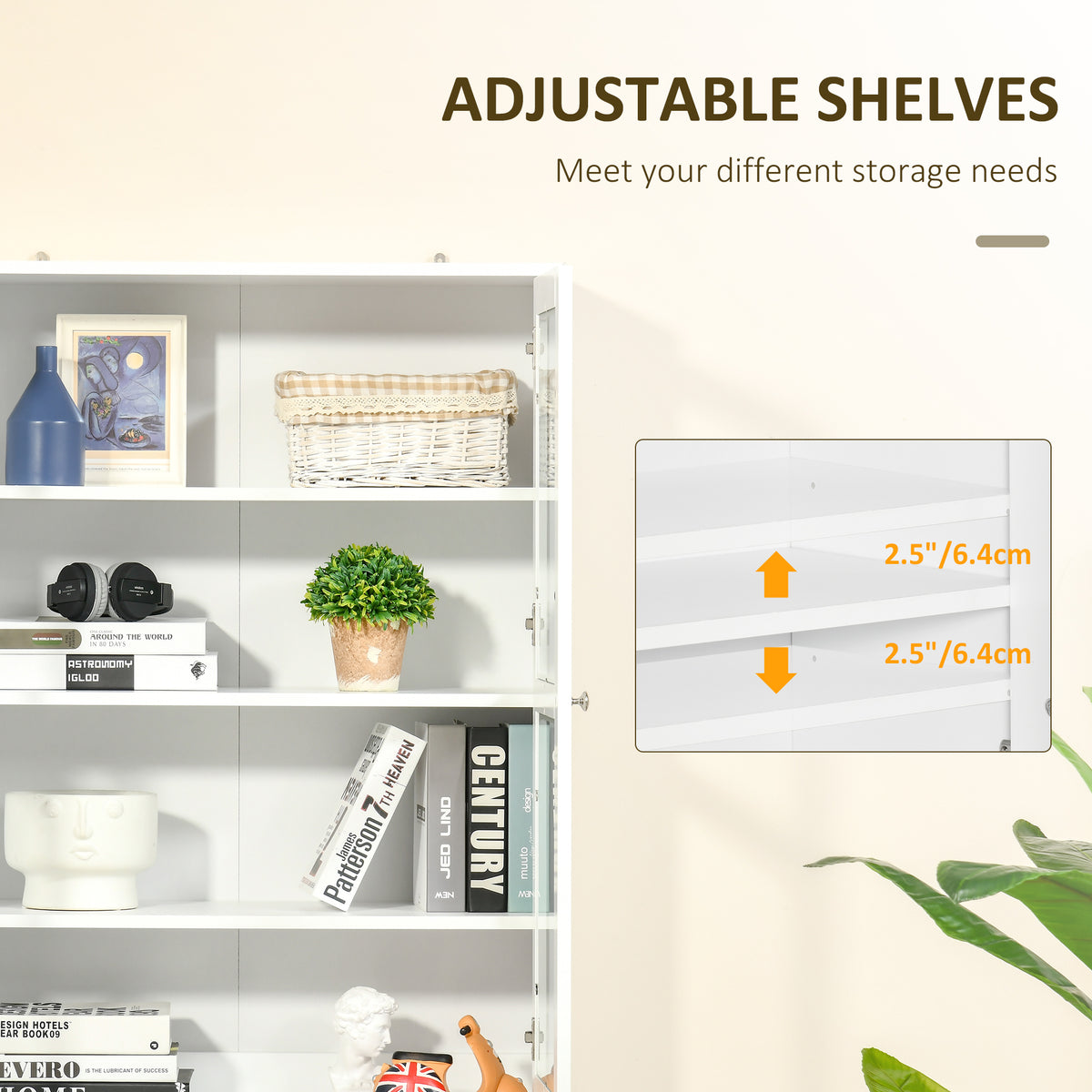 71" Bookcase Storage Cabinet with Doors, Modern Tall Bookshelf with 2 Adjustable Shelves, Display Unit for Study, Living Room, Home Office, White