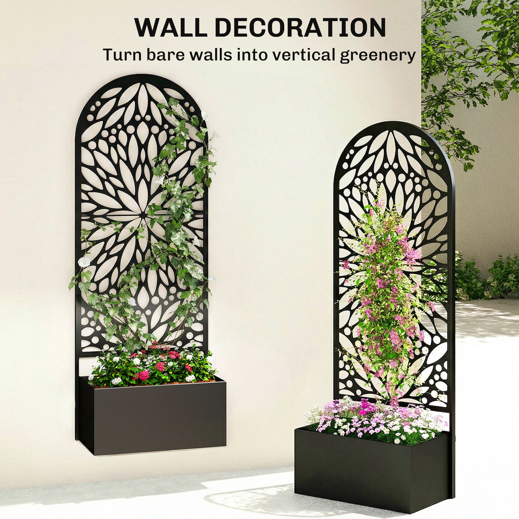Metal Raised Garden Bed with Trellis for Climbing Plants, Freestanding or Wall Mounted Flower Bed with Privacy Panel
