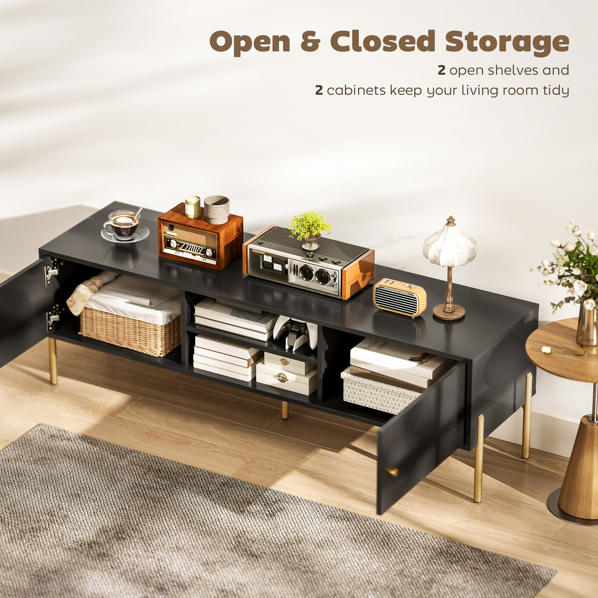 ንቲቪ ስታንድ ንቲቪ ክሳብ 65"፣ መዝናኒ ማእከል ምስ 2 ክፍት መደርደሪታት፣ 2 ካቢኔታትን ሓጺን እግርን ንክፍሊ መነባብሪ፣ ጸሊም