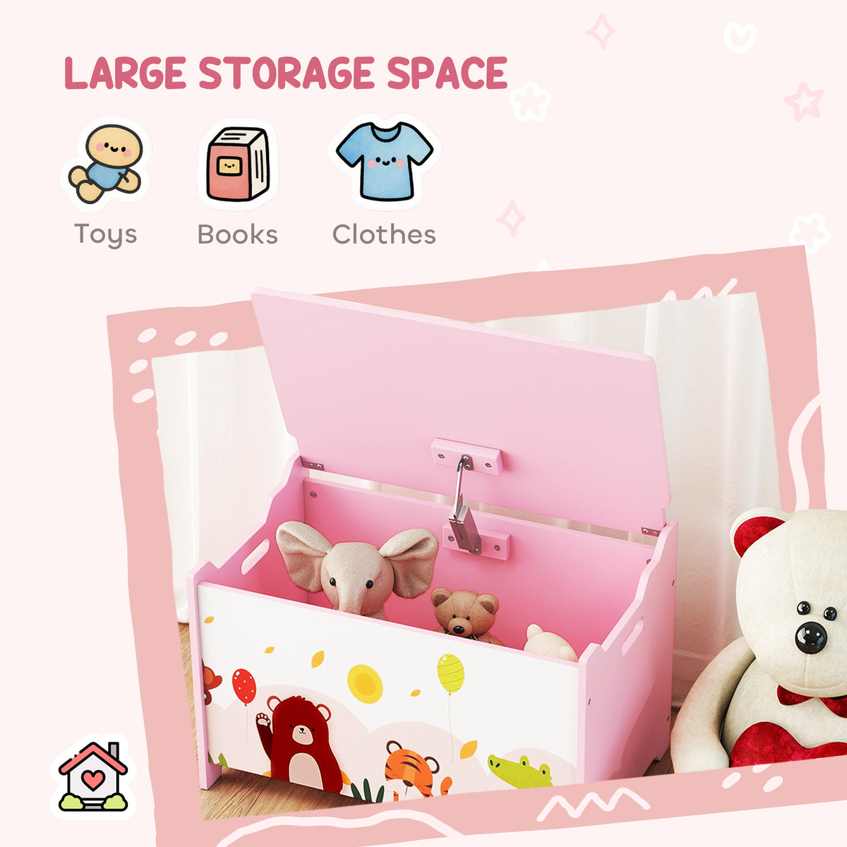Qaba Kids Storage Chest with Lid, Toy Box Organizer with Safety Hinges for Playroom, Bedroom, Living Room, Pink