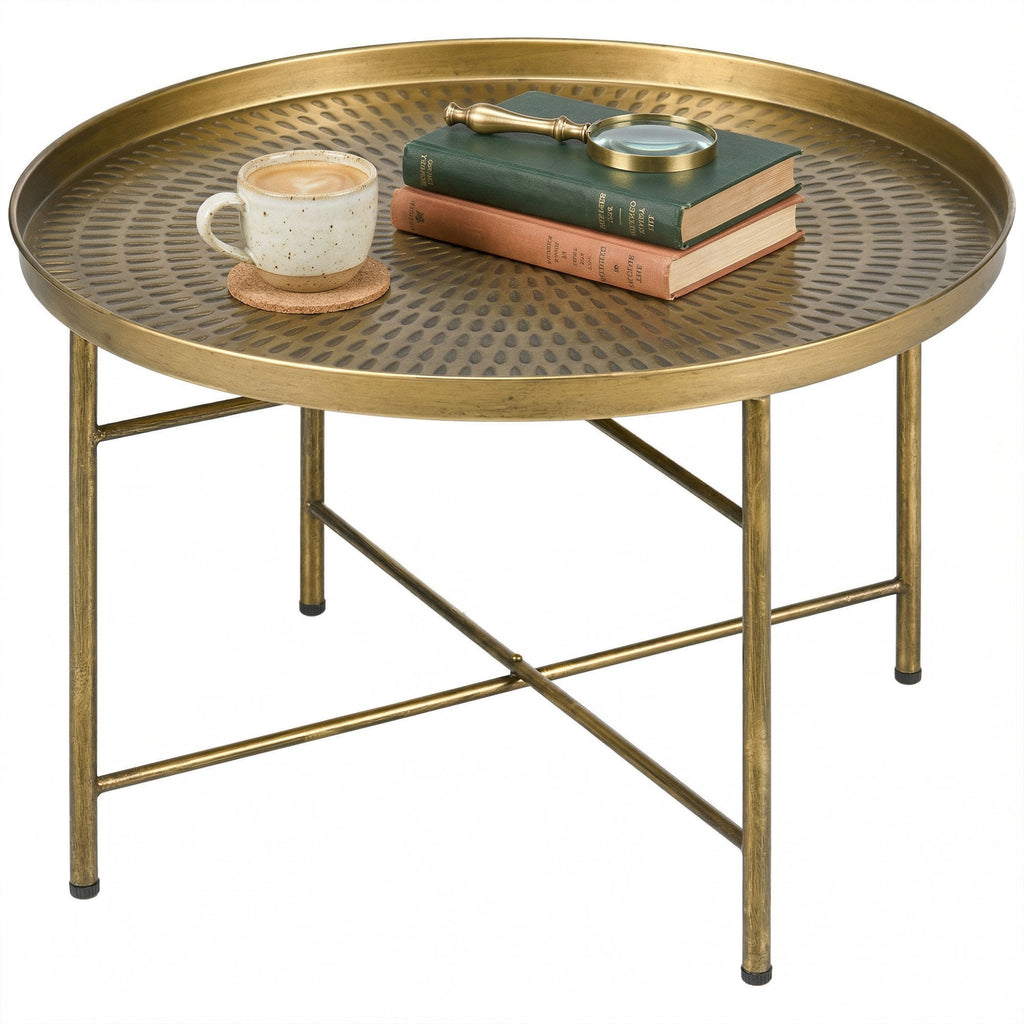 Vintage Coffee Table for Living Room, 24" Round Center Table with Hammered Tray Top and Metal Frame, Gold