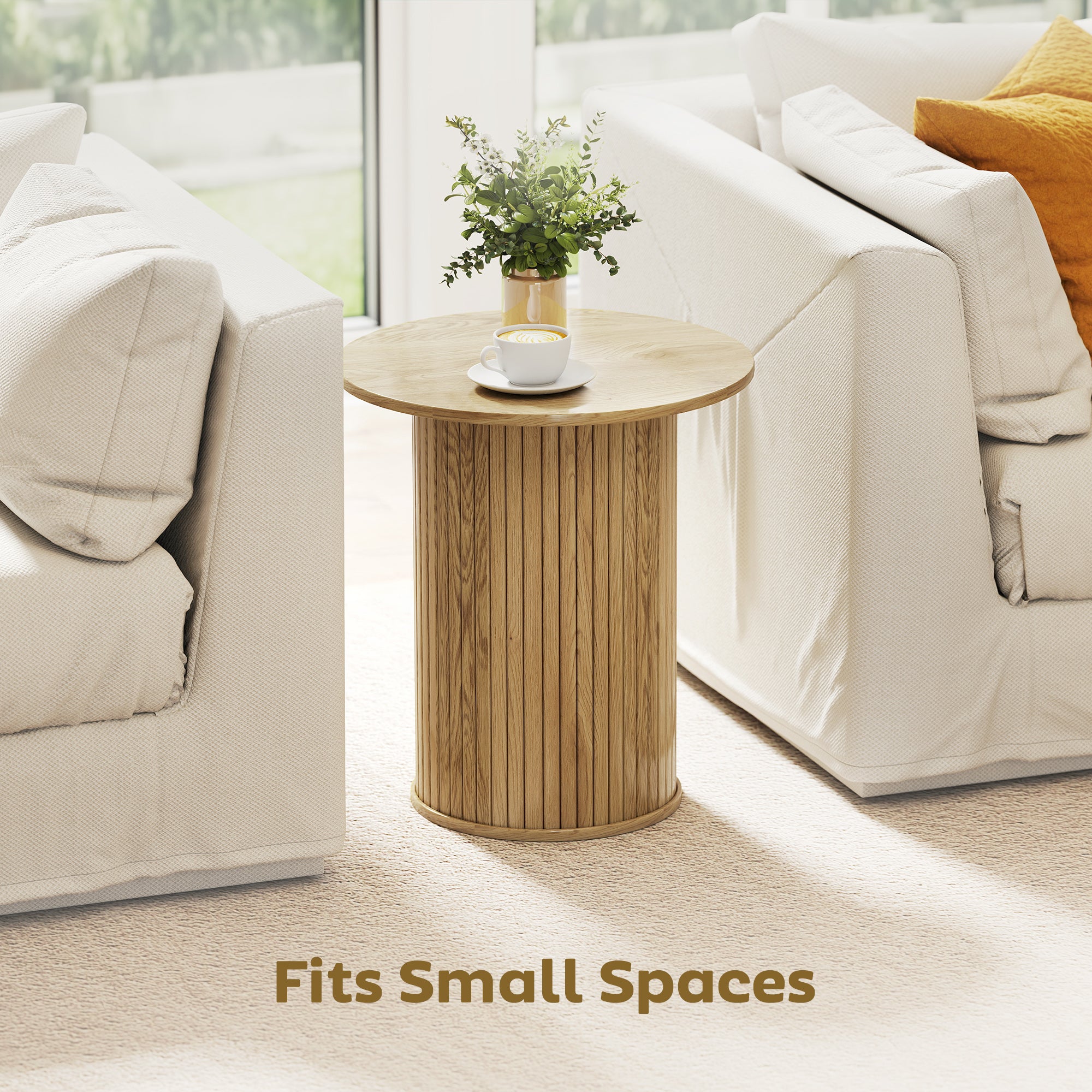 Round Side Table, Fluted Accent End Table, Narrow Nightstand for Small Spaces, Living Room, Oak