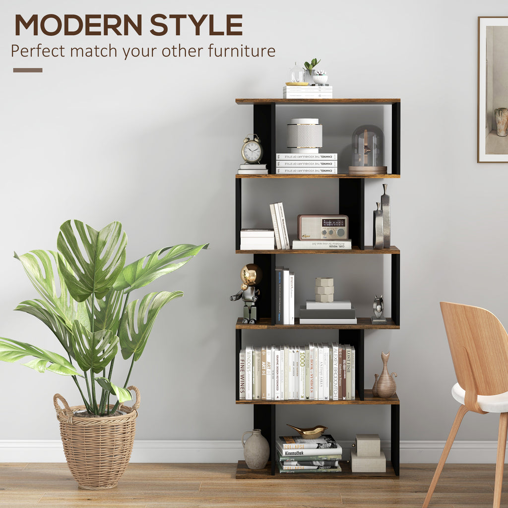 5-Tier Bookshelf, Geometric S Shaped Bookcase, Tall Narrow Display Shelf for for Living Room, Study Room, Rustic Brown