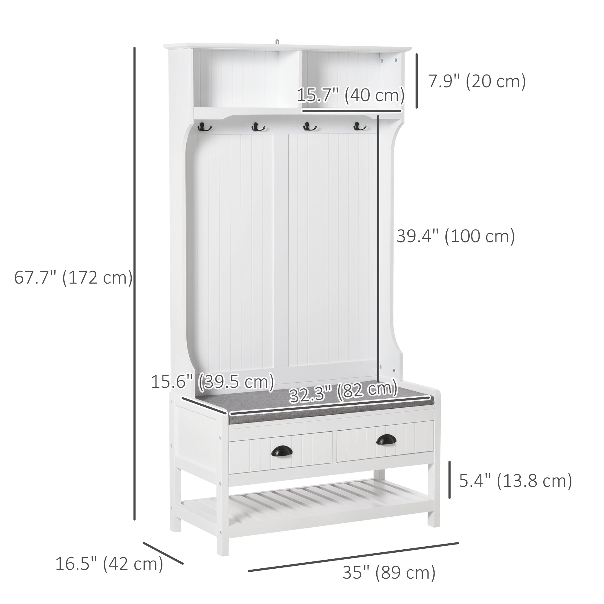 Coat Rack Shoe Bench, Hall Tree with Bench and Shoe Storage, Entryway Bench with 4 Hooks, 2 Drawers, 2 Shelves, White