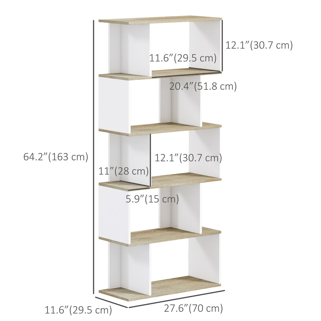 5-Tier Bookshelf, Geometric S Shaped Bookcase, Tall Narrow Display Shelf for for Living Room, Study Room, White