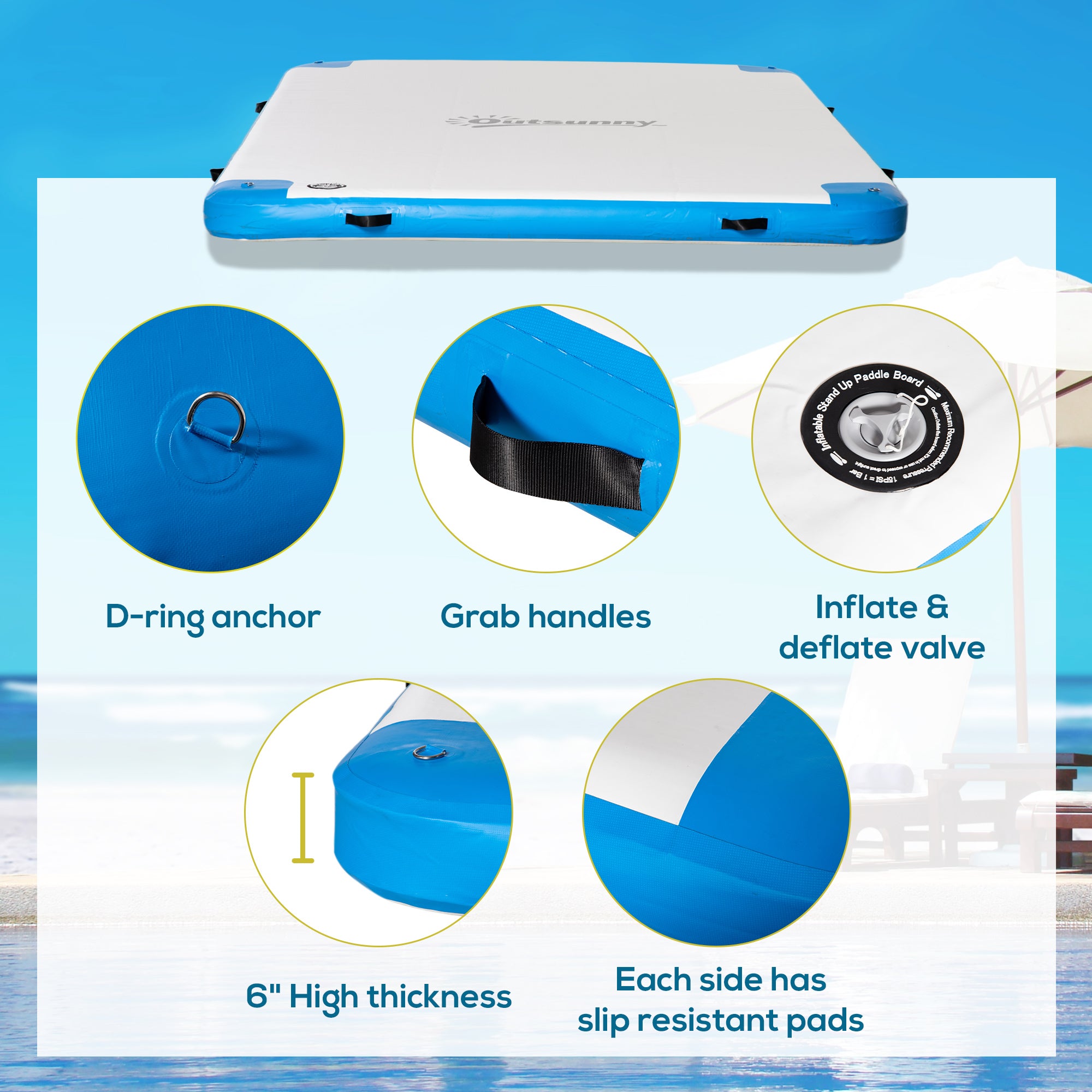 8' x 6' Water Floating Dock, Rafting Inflatable Island with Air Pump and Backpack for Pool, Beach, Ocean, Blue & Green