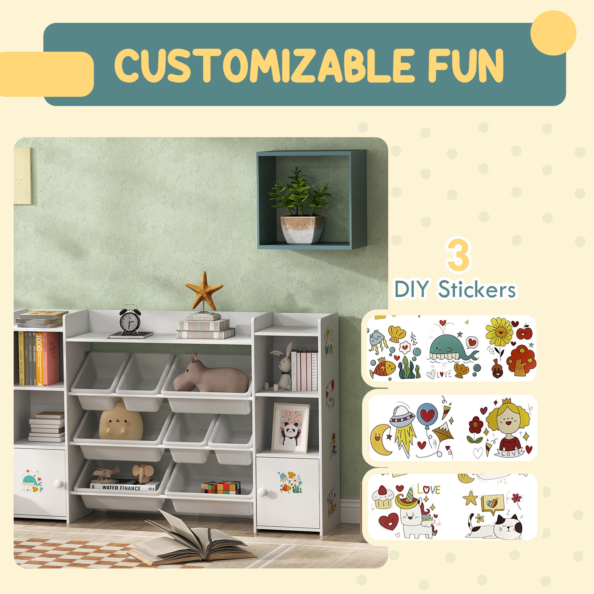 Qaba Kids Toy Organizers and Storage with 8 Removable Storage Bins and Bookshelf, White