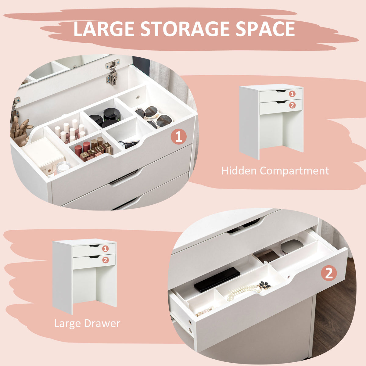 Vanity Set with Flip Top Mirror, Makeup Vanity Desk with Stool, Dressing Table with Drawer and 7 Compartments, White