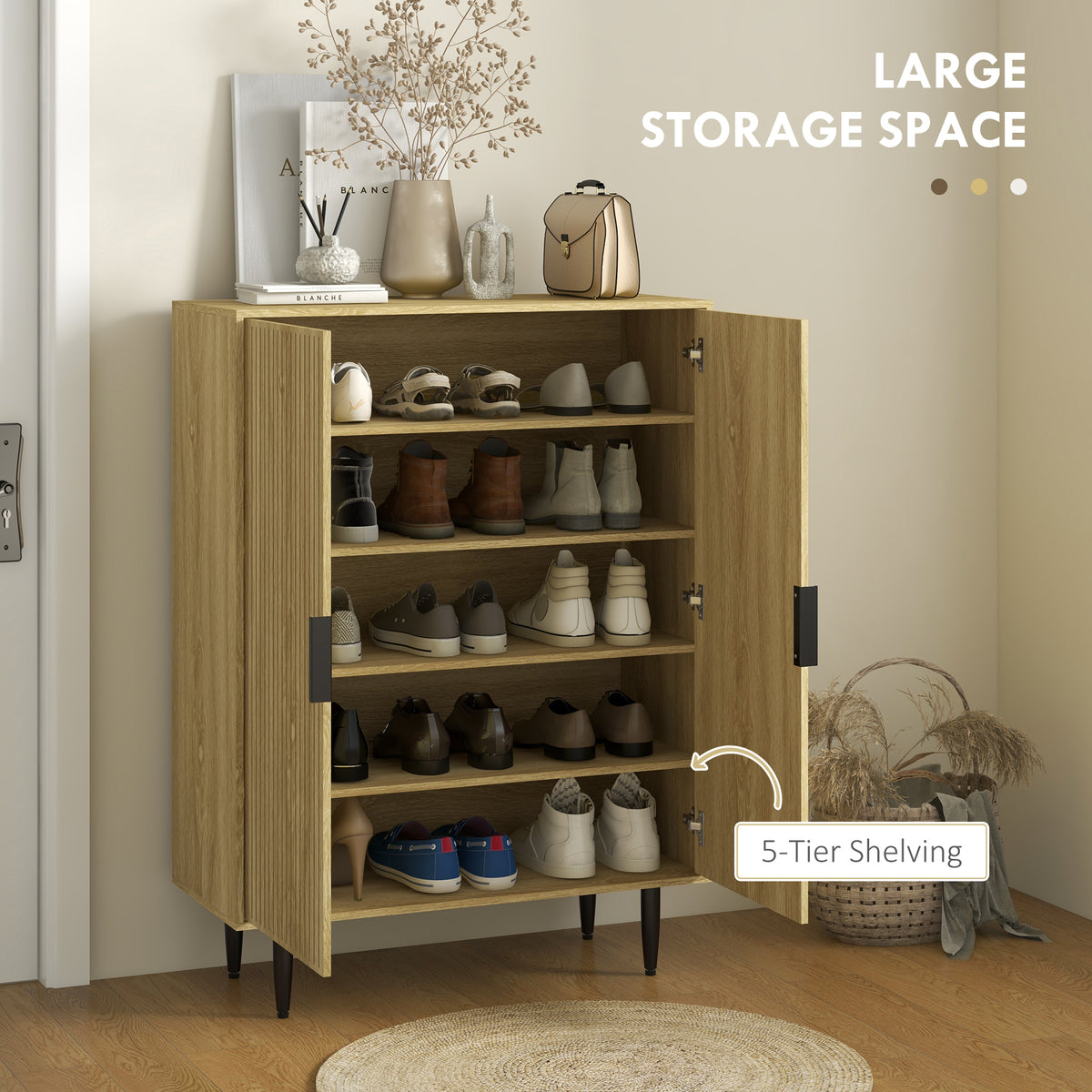 Entryway Shoe Cabinet with 5-Tier Shelving and Adjustable Shelves, 15 Pair Shoe Storage Organizer for Hallway, Oak