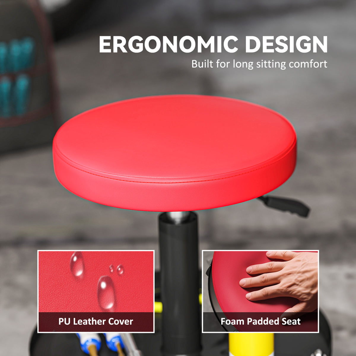 Rolling Garage Stool, 300 LBS Capacity Padded Mechanic Stool with 2.5" Wheels, Adjustable Height 15" -19.7", Red