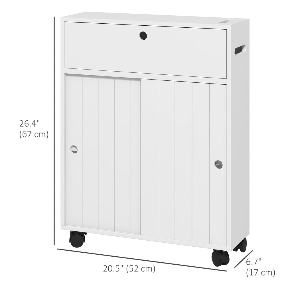 Bathroom Storage Cabinet, Bathroom Cabinet with 4 Rolling Wheels and Paper Holes, 20.5" x 6.75" x 26.5", White