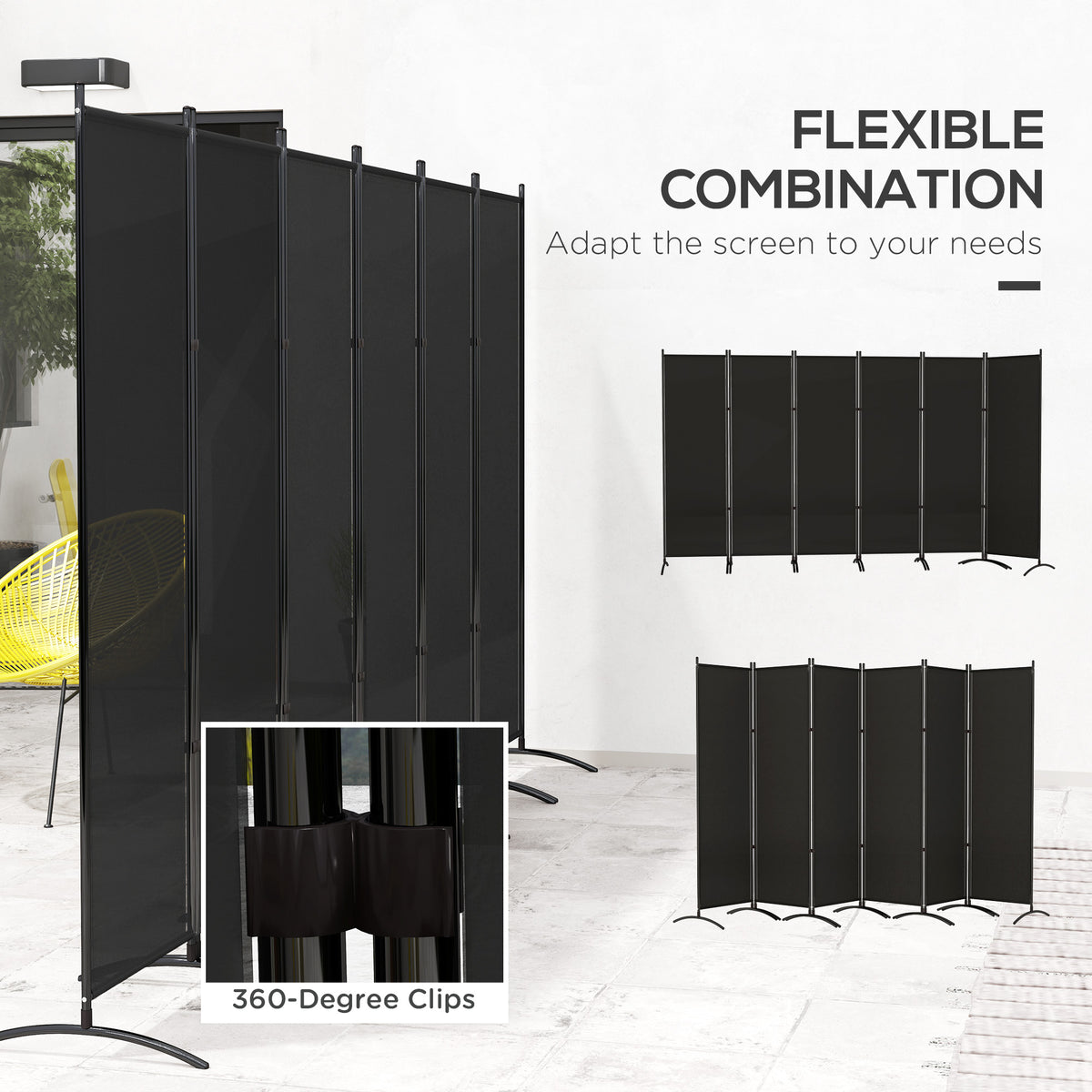 6 Panel Folding Room Divider, UV30+ Privacy Screen, Indoor Outdoor Privacy Panel with Stable Base, Black