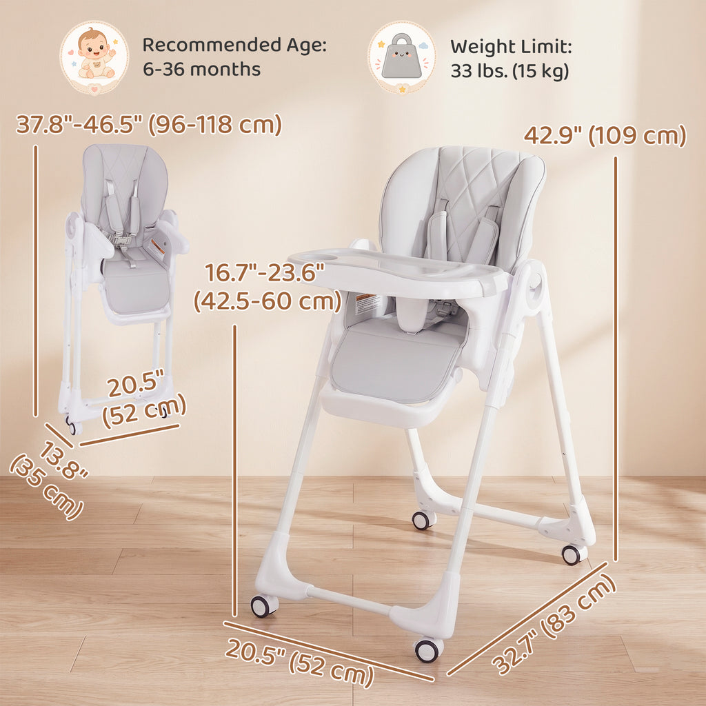 Qaba High Chair with Wheels, Double Tray, Foldable Baby Seat with Adjustable Seat Height, Backrest, Footrest and Tray, Grey