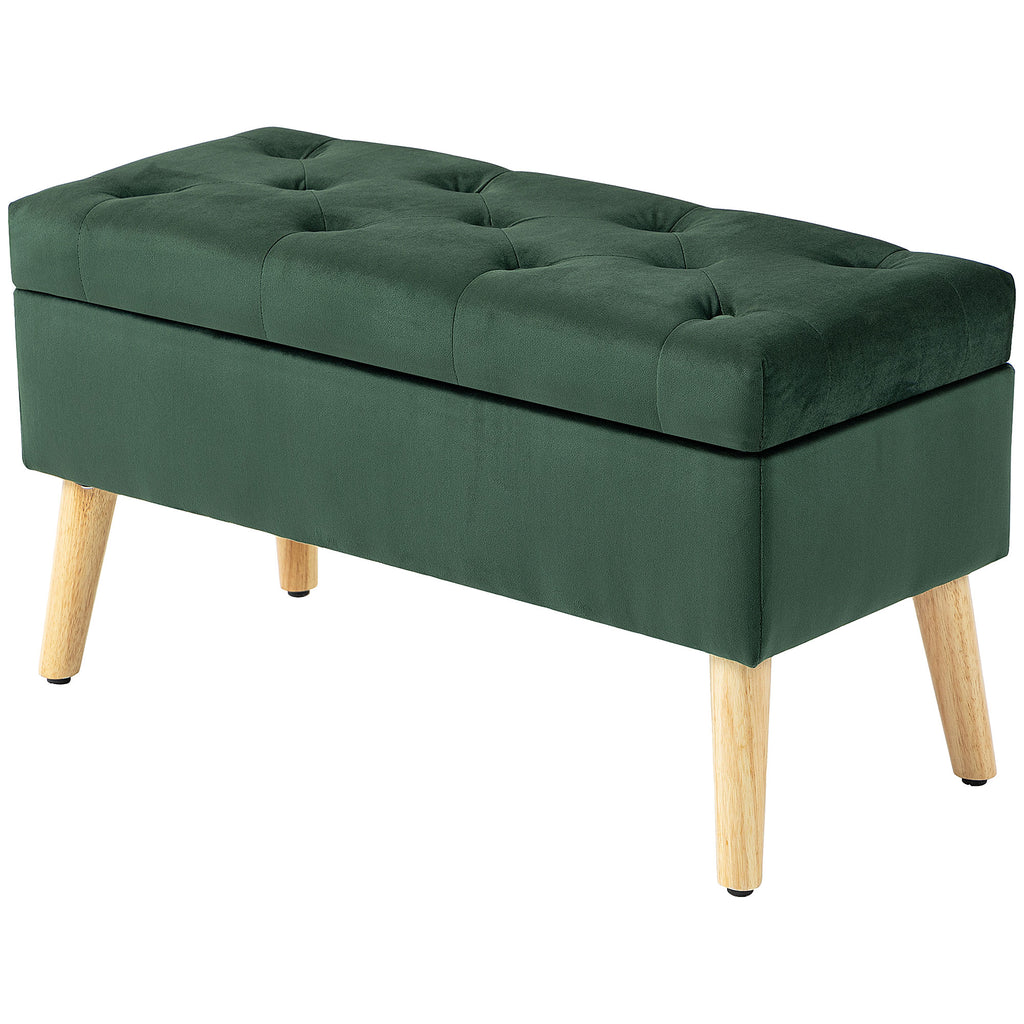 Storage Ottoman with Lid, Velvet Upholstered Storage Bench with Wood Legs for Living Room, Dark Green