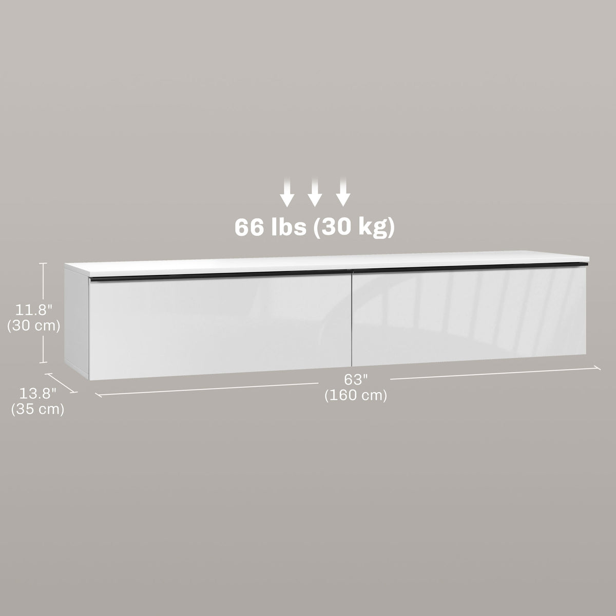 Wall Mounted TV Stand, Floating TV Cabinet for up to 70" TVs with Storage, High Gloss Effect, White