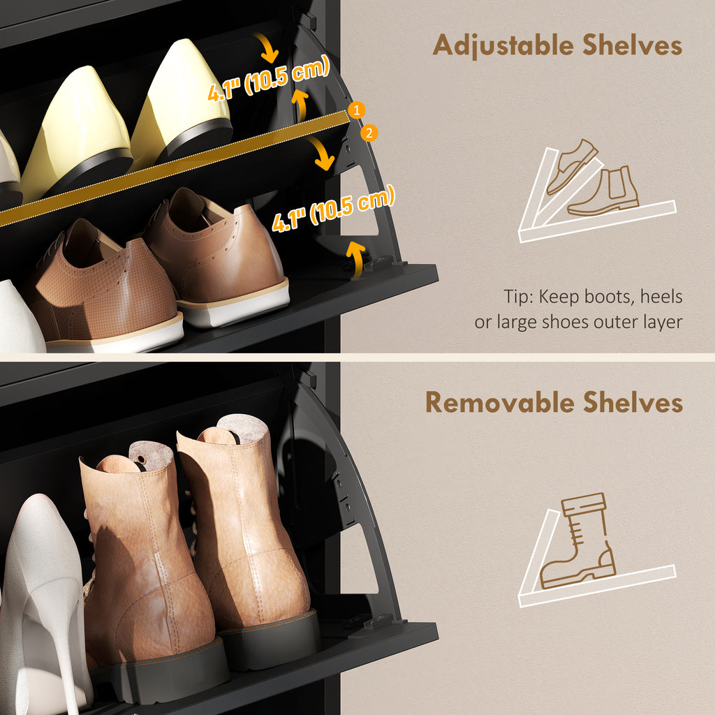 Shoe Cabinet with 2 Large Flip Drawers, Farmhouse Narrow Shoe Storage Cabinet with 2 Top Compartments, White