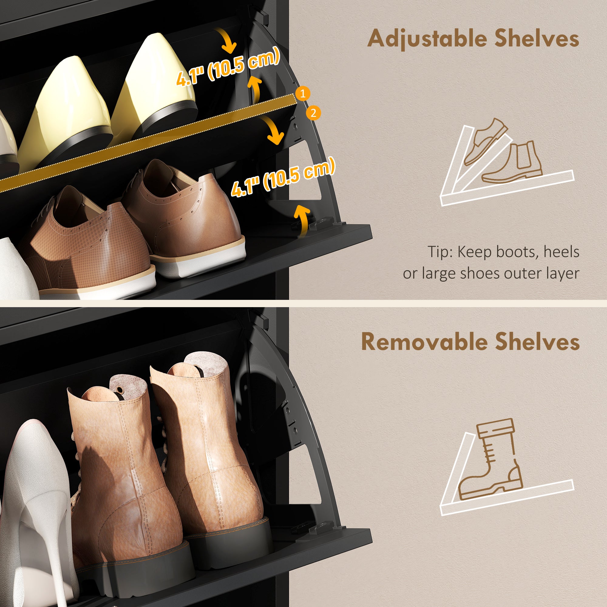 Shoe Cabinet with 2 Large Flip Drawers, Farmhouse Narrow Shoe Storage Cabinet with 2 Top Compartments, White