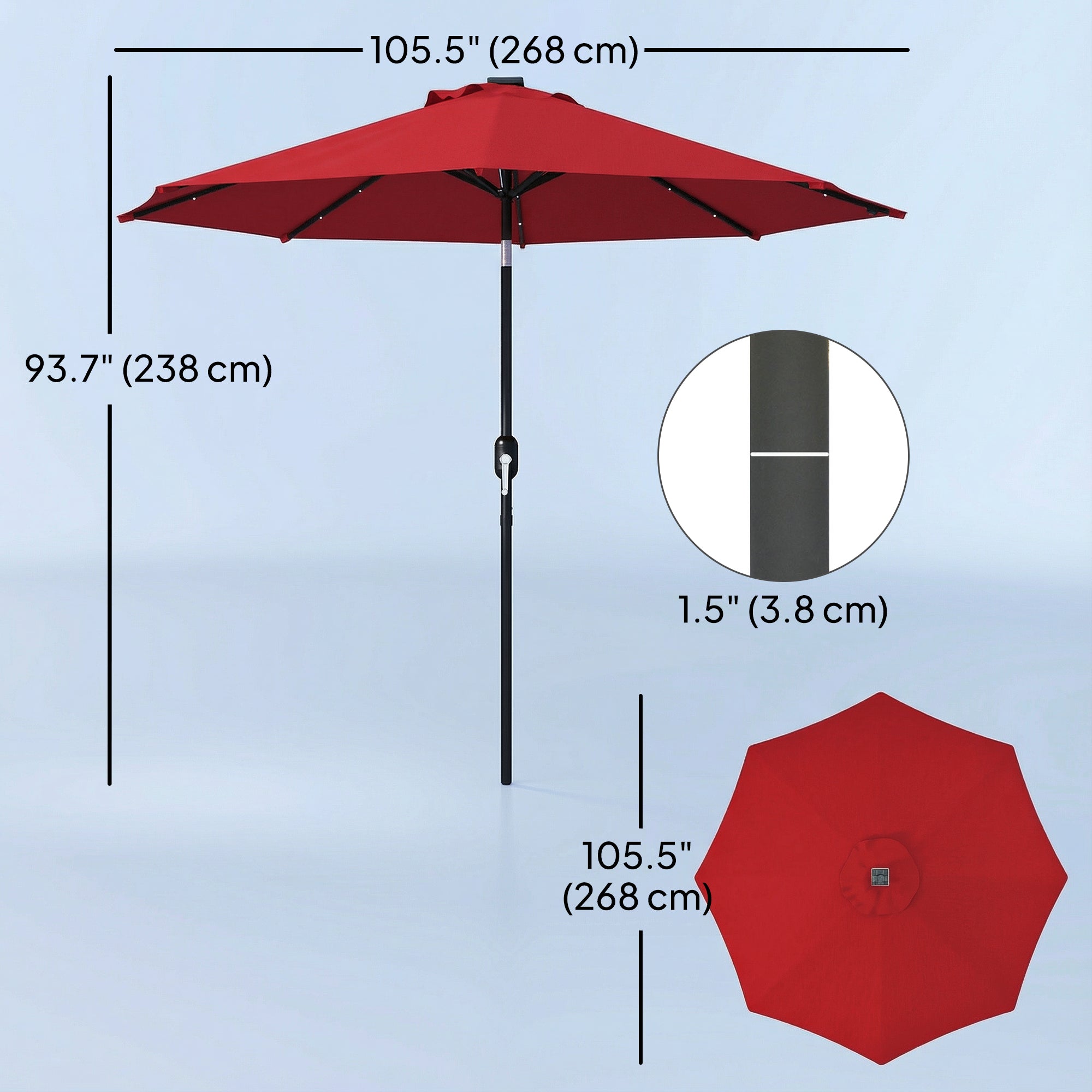 9ft Solar Patio Umbrella Outdoor Sunshade 24 LED Lights Tilt Canopy, Wine Red