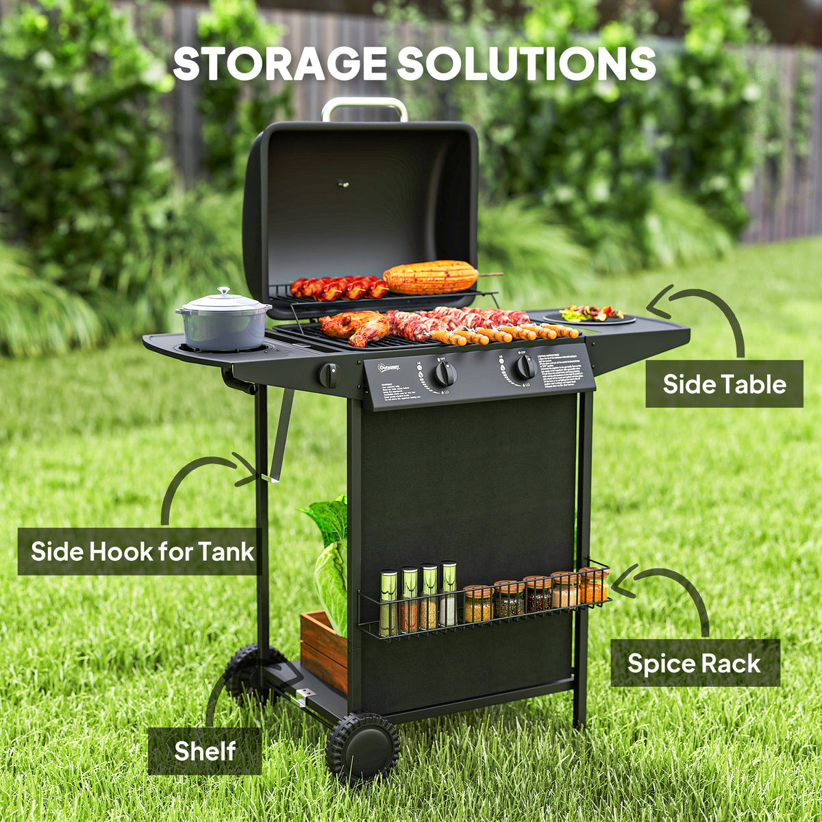 3+1 Burner Propane Gas BBQ Grill, Portable Gas Barbecue Grill with Side Burner, Thermometer, Lid, Side Table, Shelf, Spice Rack, Wheels, Grease Cup for Garden, Black