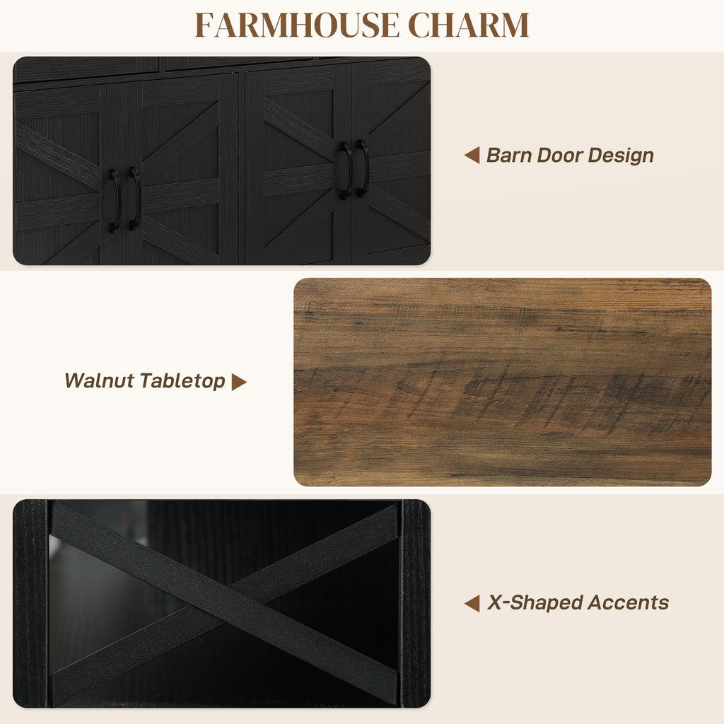 Sideboard, Buffet Cabinet with 4 Barn Doors and 3 Drawers, Coffee Bar Cabinet with Adjustable Shelves, Black