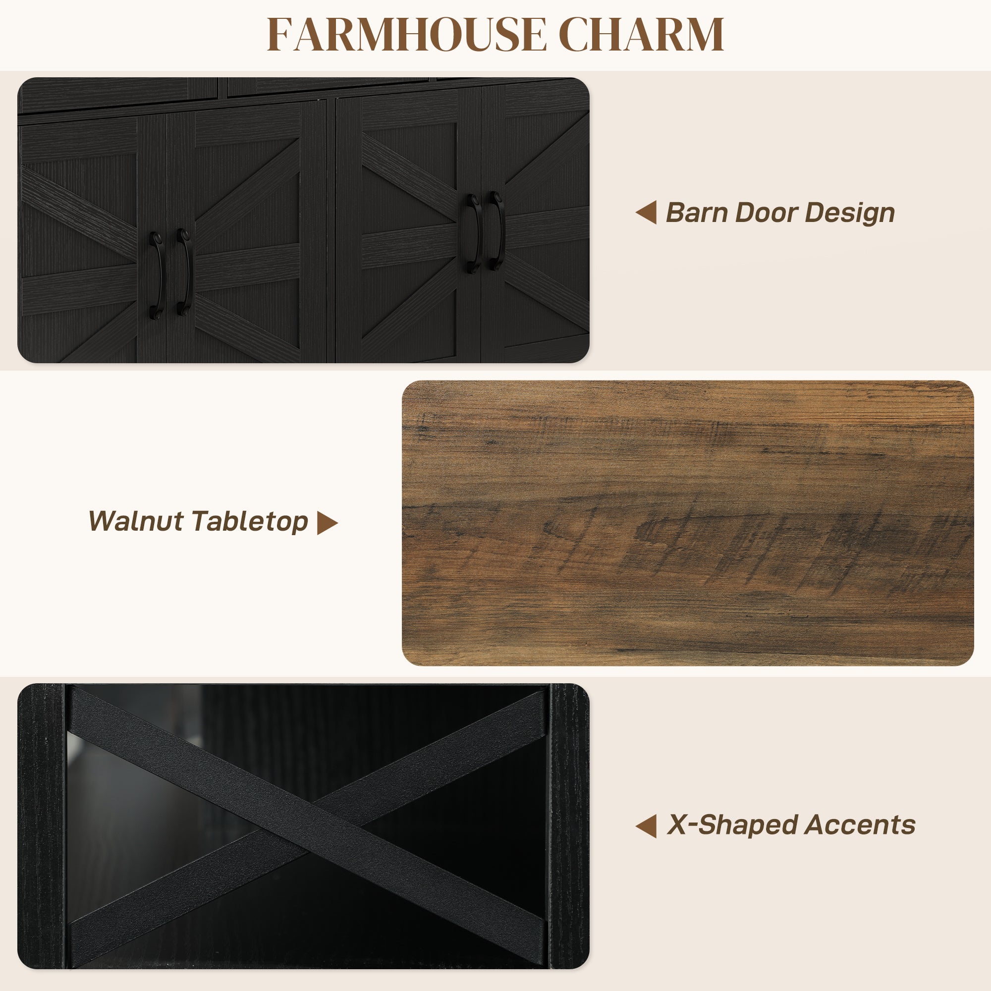 Sideboard, Buffet Cabinet with 4 Barn Doors and 3 Drawers, Coffee Bar Cabinet with Adjustable Shelves, Black