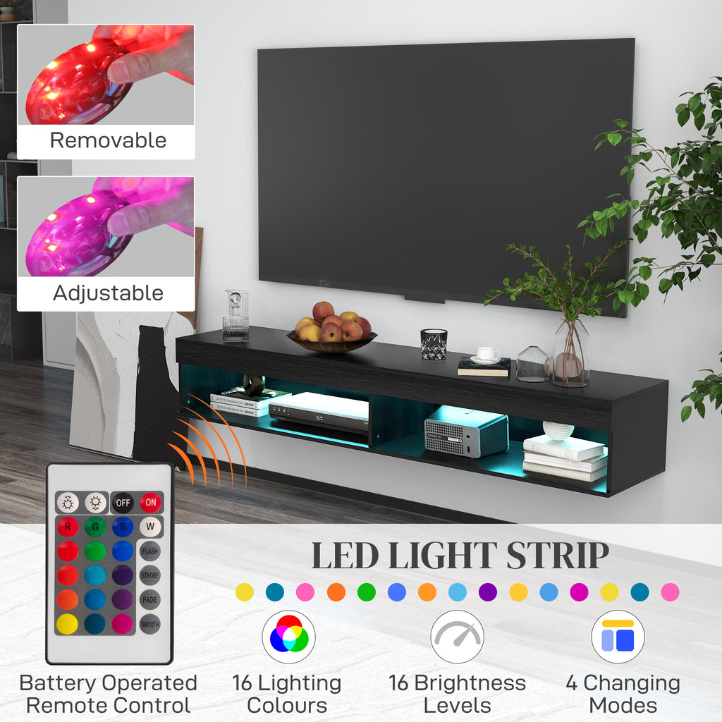 Modern Wall Mounted TV Stand with Storage and LED Lights for TVs up to 75", Floating TV Shelf for Living Room, Black