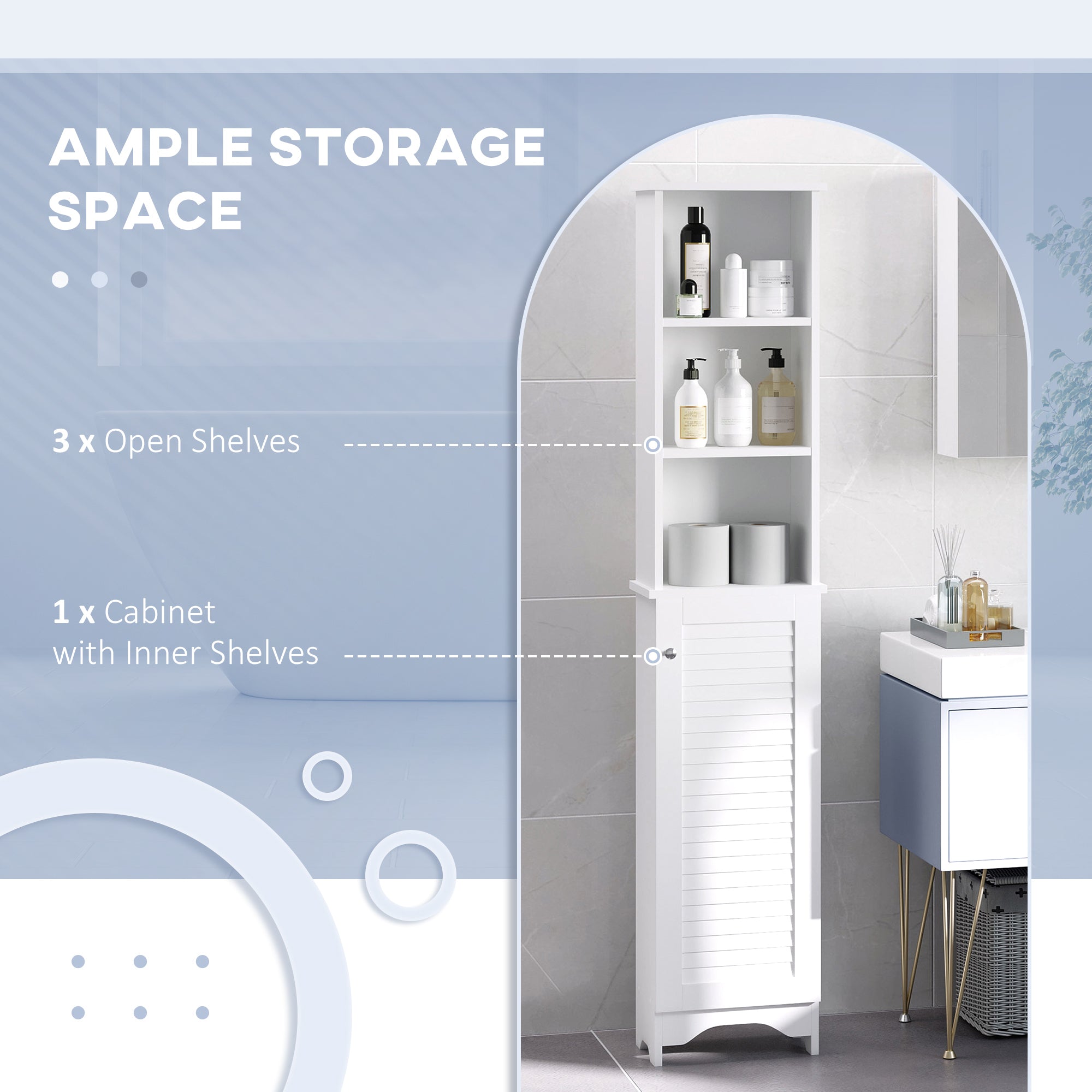 Tall Bathroom Storage Cabinet, Freestanding Linen Tower with 3-Tier Open Adjustable Shelf, White
