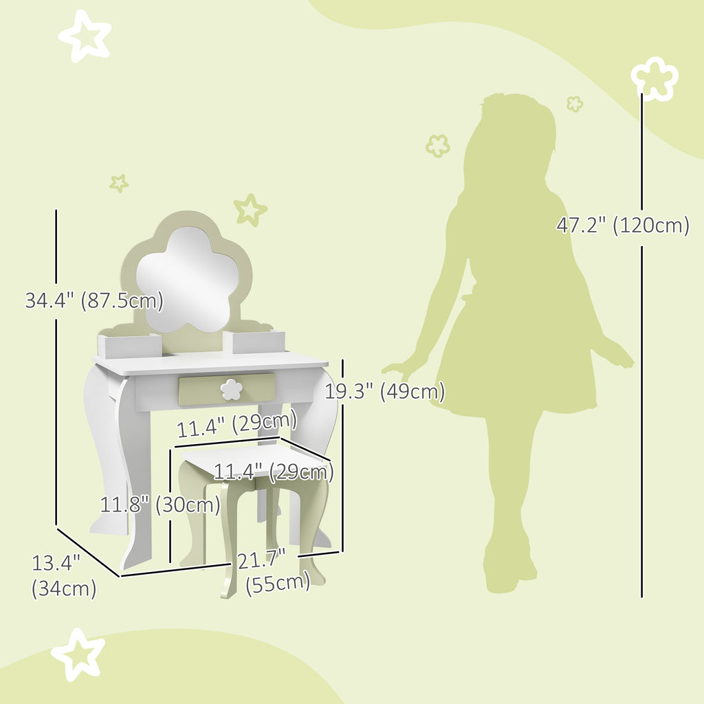 Qaba Kids Makeup Vanity Set with Stool, Mirror, Drawer, Storage Boxes, White