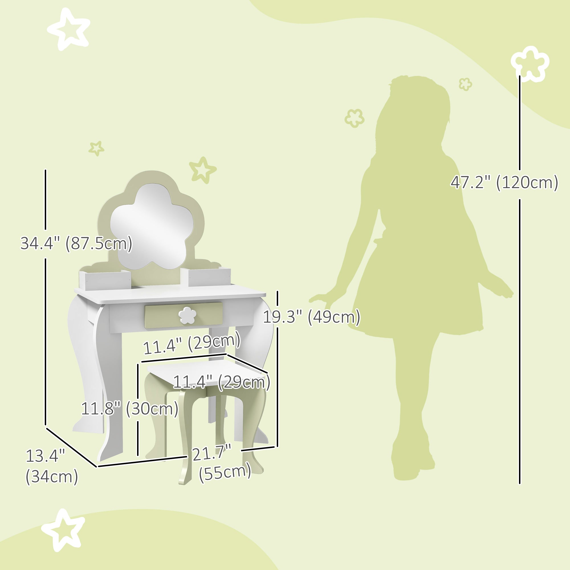 Qaba Kids Makeup Vanity Set with Stool, Mirror, Drawer, Storage Boxes, White