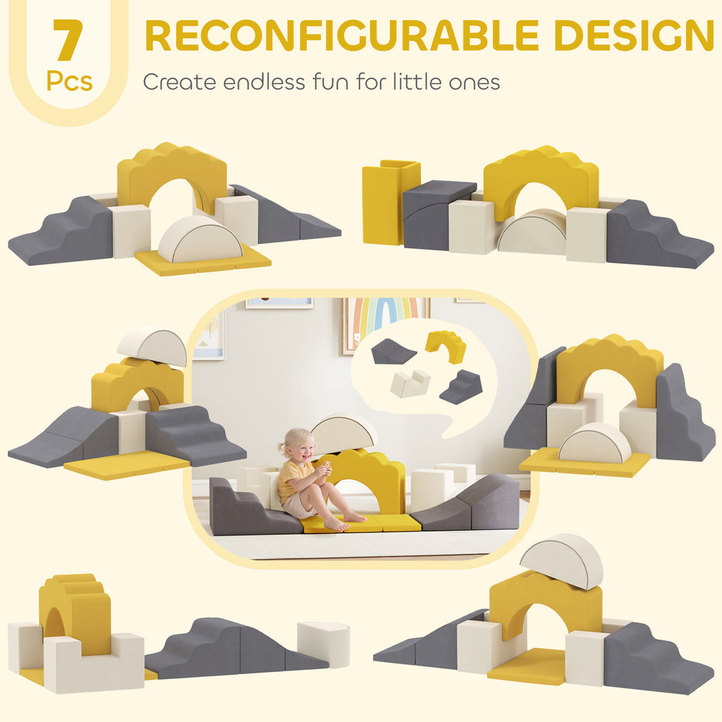 Qaba 7-Piece Baby Soft Play Set, Indoor Soft Play Gym Activity Play Set for Crawling, Sliding and Playing, Yellow