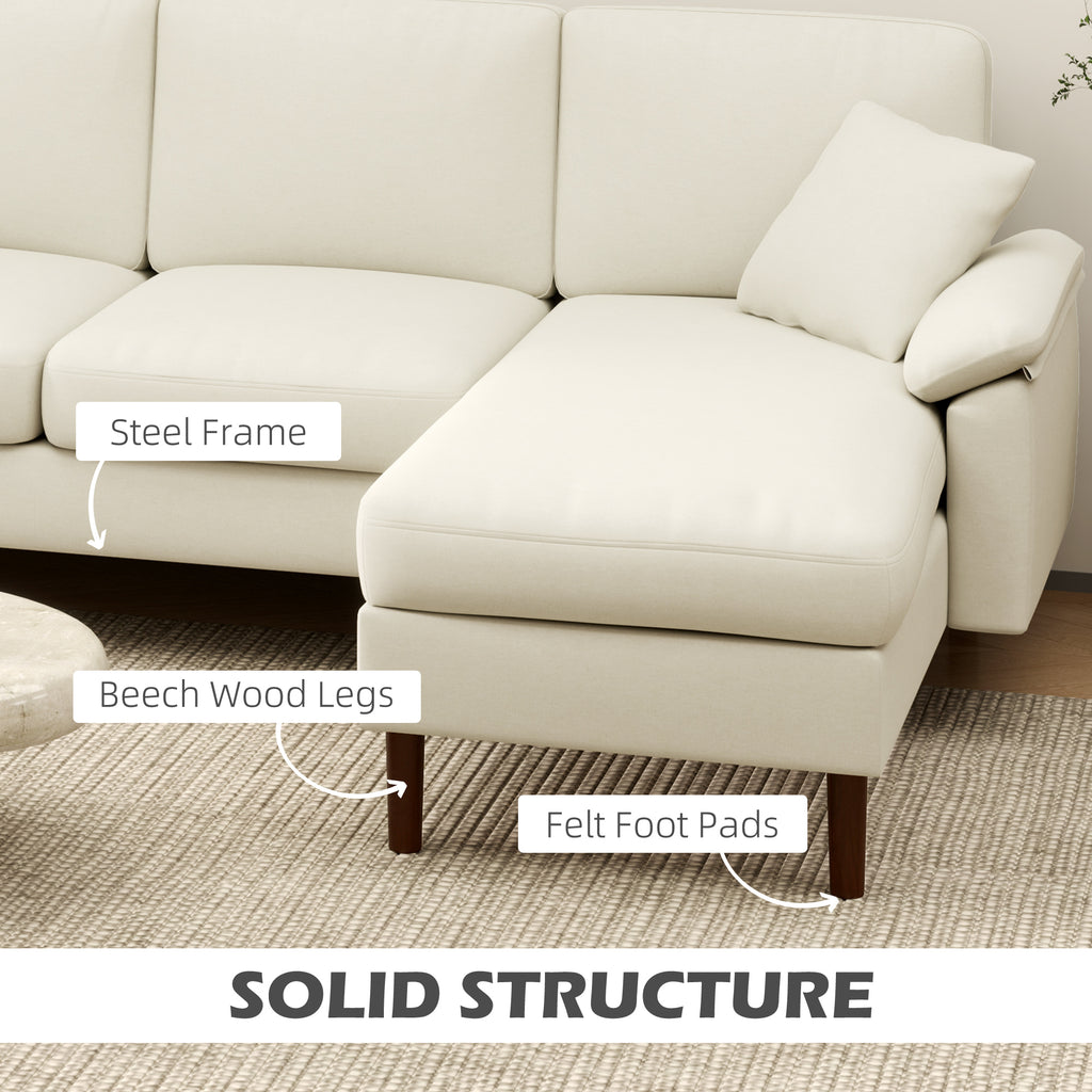 L-Shape Sofa, Modern Sectional Couch with Changeable Chaise Lounge, Pillows and Wooden Legs for Living Room, Cream White