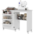 Sewing Machine Cabinet, Folding Sewing Table with Storage Shelf, Bins and Lockable Wheels for Small Space, White