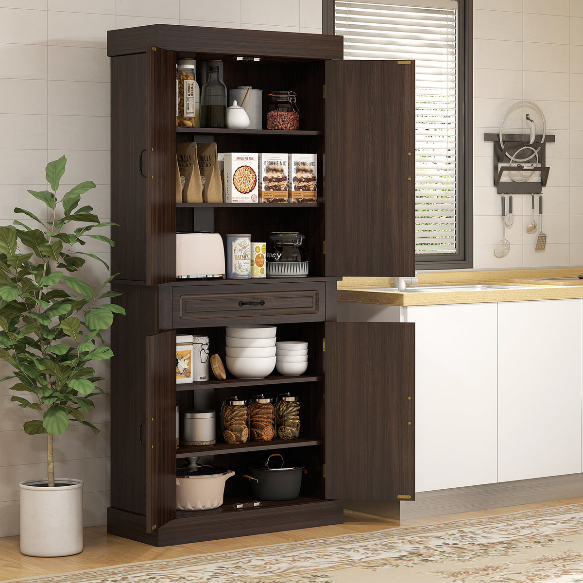 71" Freestanding Kitchen Pantry with 4 Doors and 2 Cabinets, Tall Storage Cabinet for Kitchen, Distressed Coffee