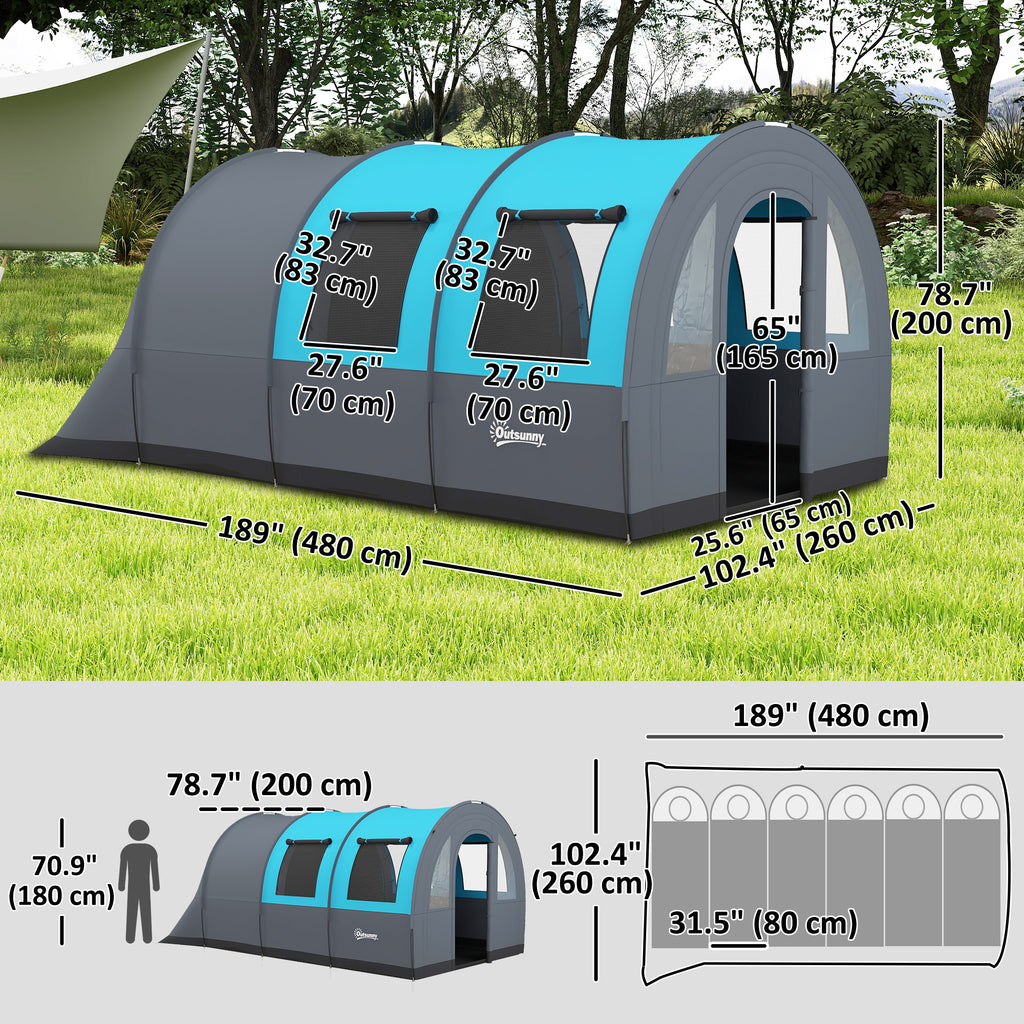 5-6 Person Camping Tent with Living Room and Bedroom, 3000mm Waterproof Tunnel Large Family Tent, Grey and Blue