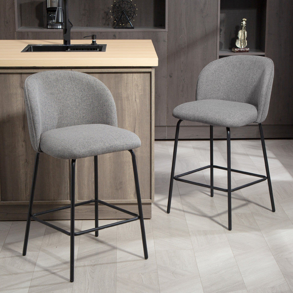 طقم من 2 كراسي بار مرتفعة (Counter Height)، كراسي بار من الكتان المنجد مع مسند ظهر ومسند قدم وأرجل فولاذية، رمادي داكن