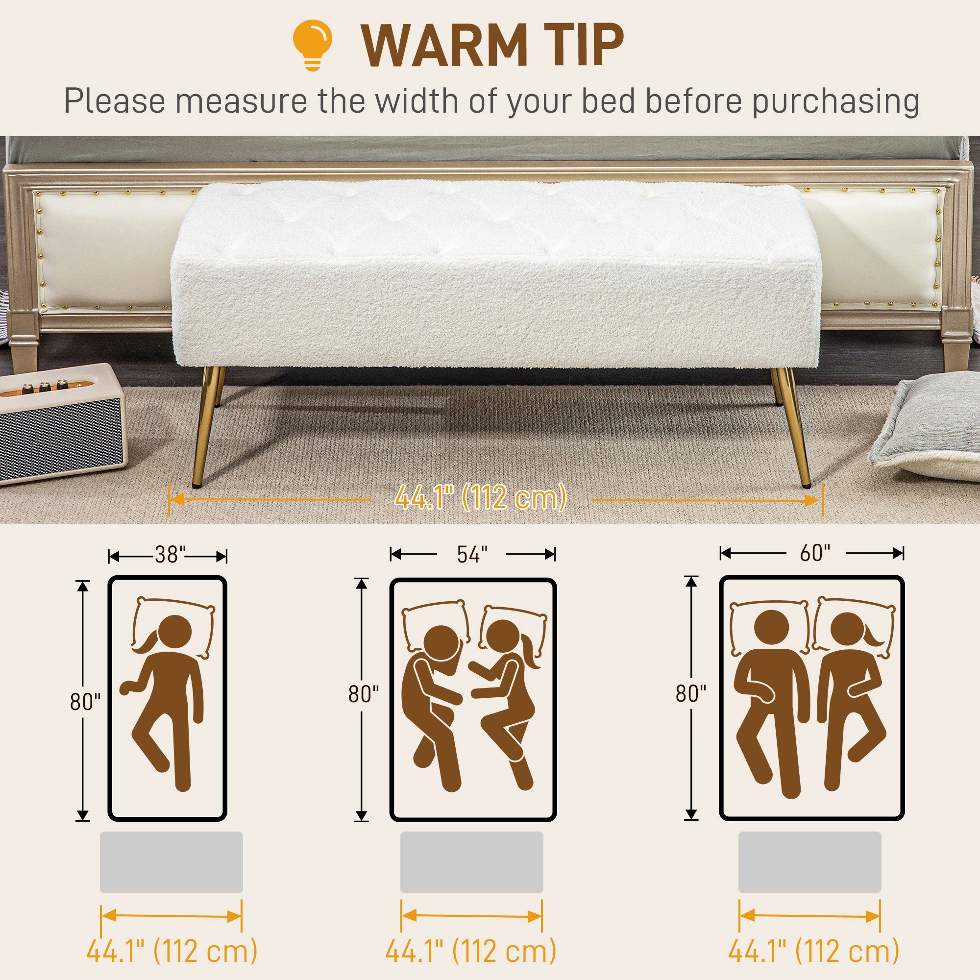 44" Lamb's Wool-Feel Upholstered Bedroom Bench, End of Bed Bench with Thick Padded Cushion and Steel Legs, Cream White