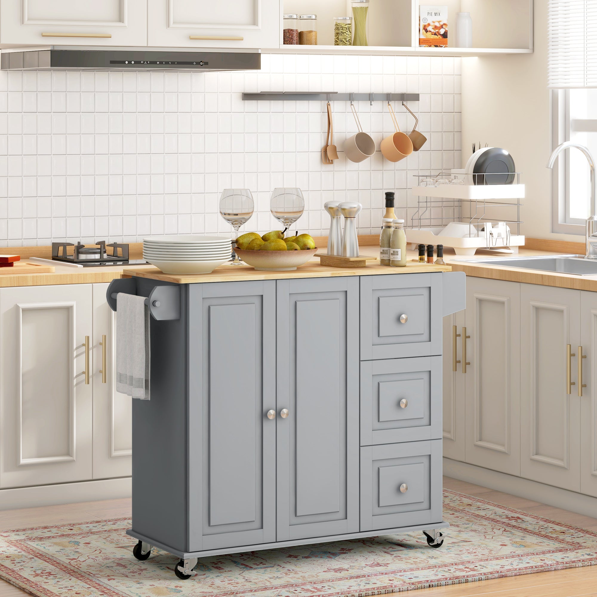 Kitchen Island on Wheels, Kitchen Cart with Drop Leaf, Drawers, White