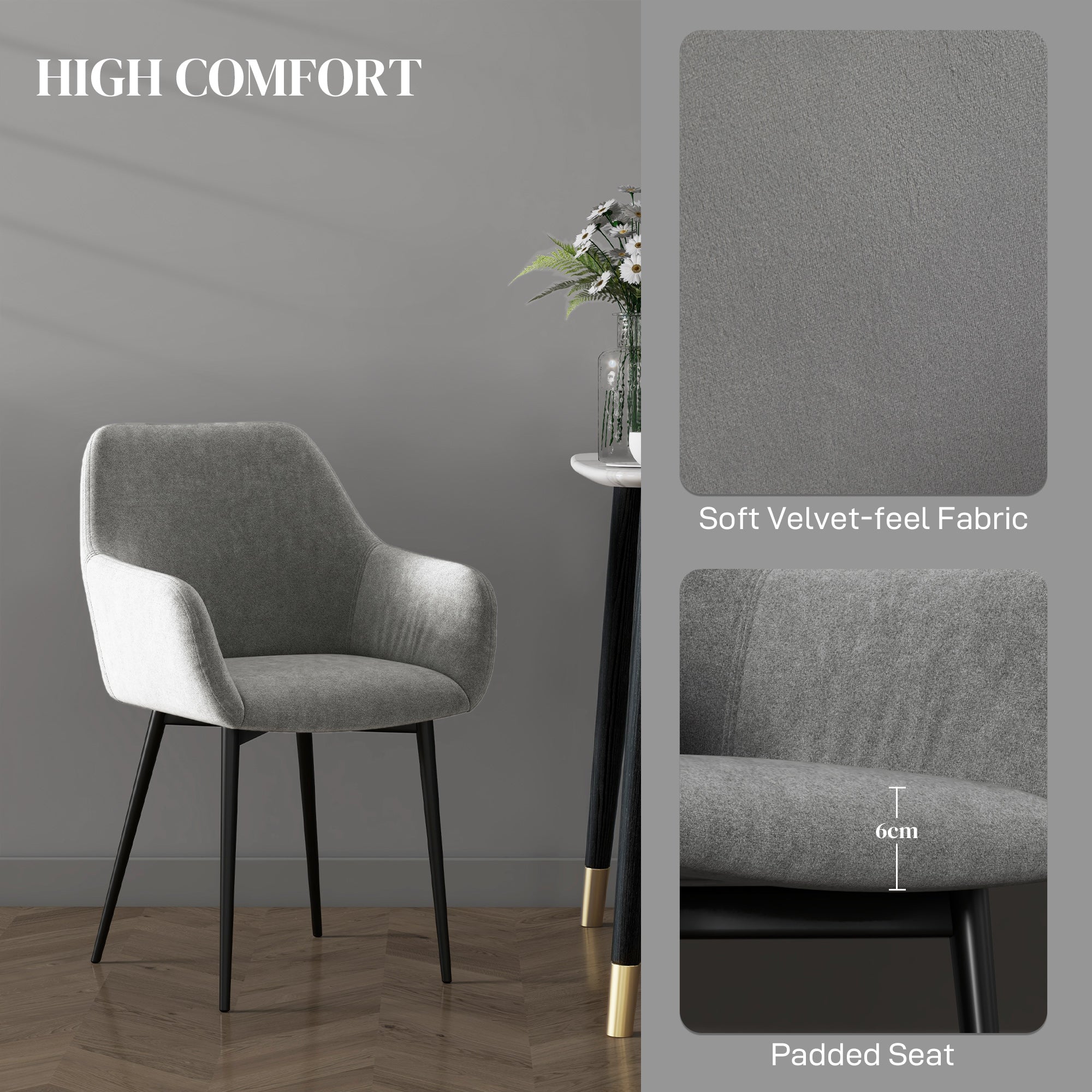 Dining Chairs Set of 2, Velvet-look Fabric Upholstered Kitchen Chairs with Backrest, Armrests and Steel Legs, Dark Grey