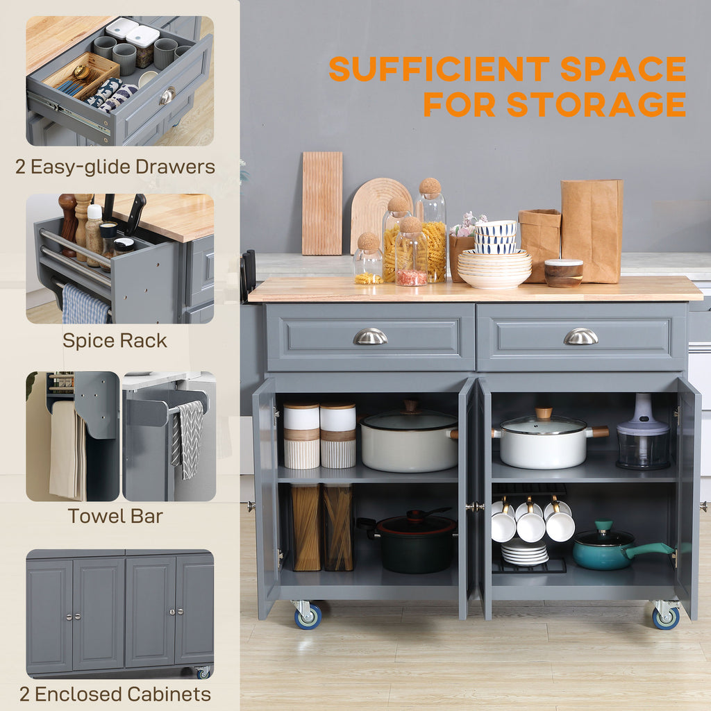 Kitchen Island with Storage, Rolling Kitchen Island with Drop Leaf, Rubber Wood Top and Adjustable Shelves, White