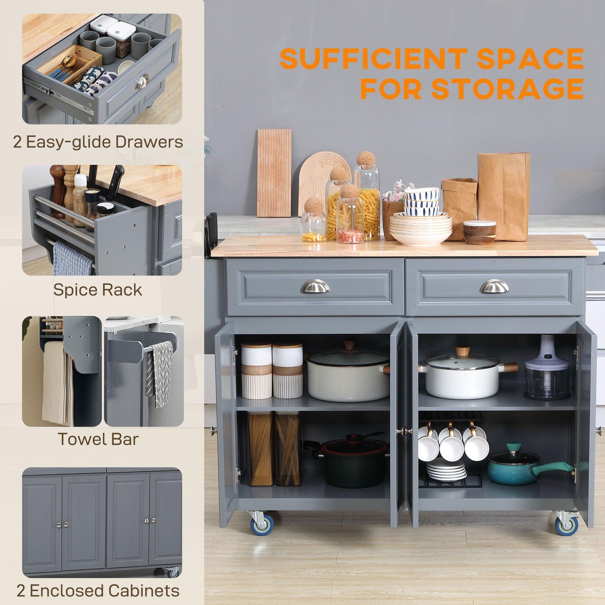 Kitchen Island with Storage, Rolling Kitchen Island with Drop Leaf, Rubber Wood Top and Adjustable Shelves, White
