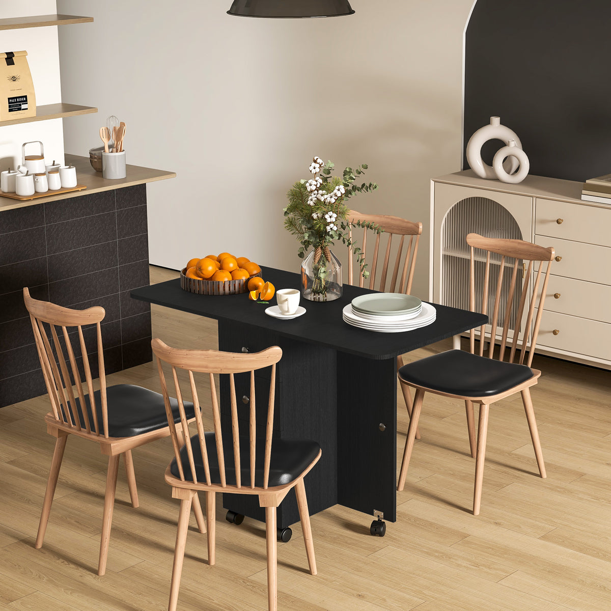 Drop Leaf Dining Table, Mobile Folding Table on Wheels with Drawers and Cabinet for Dining Room, Kitchen, Brown