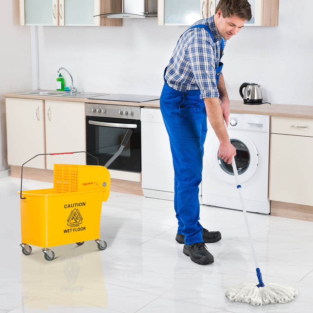 Compact Mop Bucket with Wringer, Mop Bucket on Wheels, 5 Gallon, Separate Dirty and Clean Water, Yellow