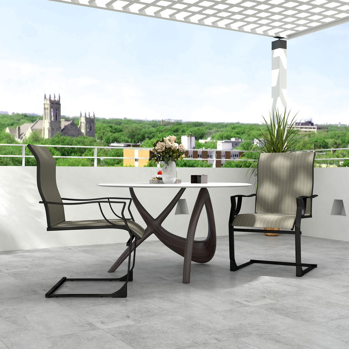 C Spring Motion Patio Chairs Set of 2 with Curved High Backrest, Armrest, All Weather Breathable Fabric, Metal Frame