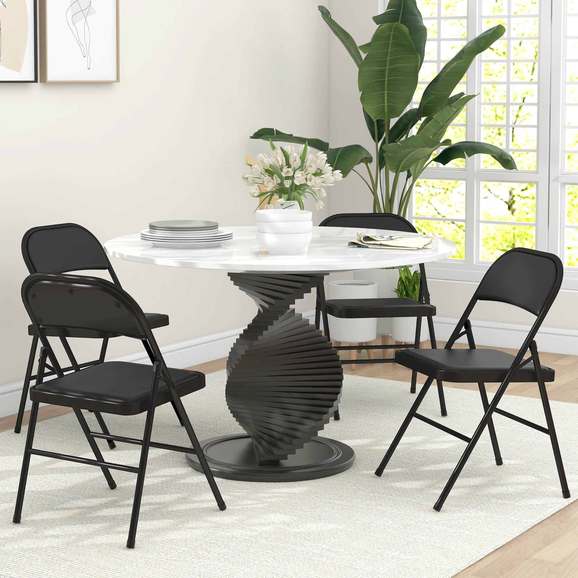 Set of 4 Metal Foldable Chairs, PU Leather Padded Folding Chairs with Cushion Seat and Open Back for Indoor, White