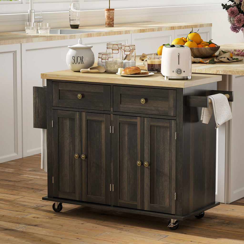 Kitchen Island with Storage, Rolling Trolley Cart with Rubber Wood Top, Spice Rack, Towel Rack, Grey