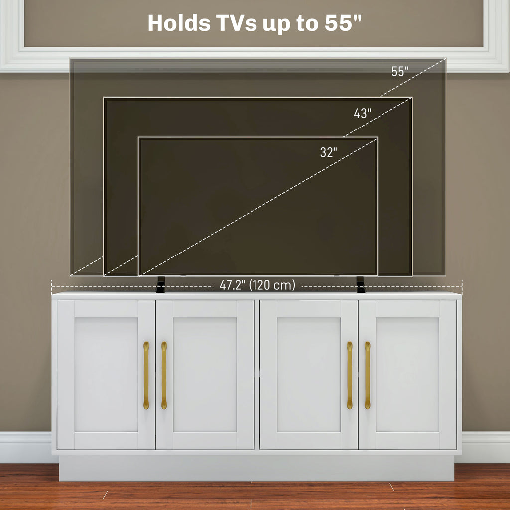 Modern TV Stand for up to 55" TV, TV Cabinet with 4 Soft Hinged Doors, 4 Cable Holes and 2 Adjustable Shelves, White