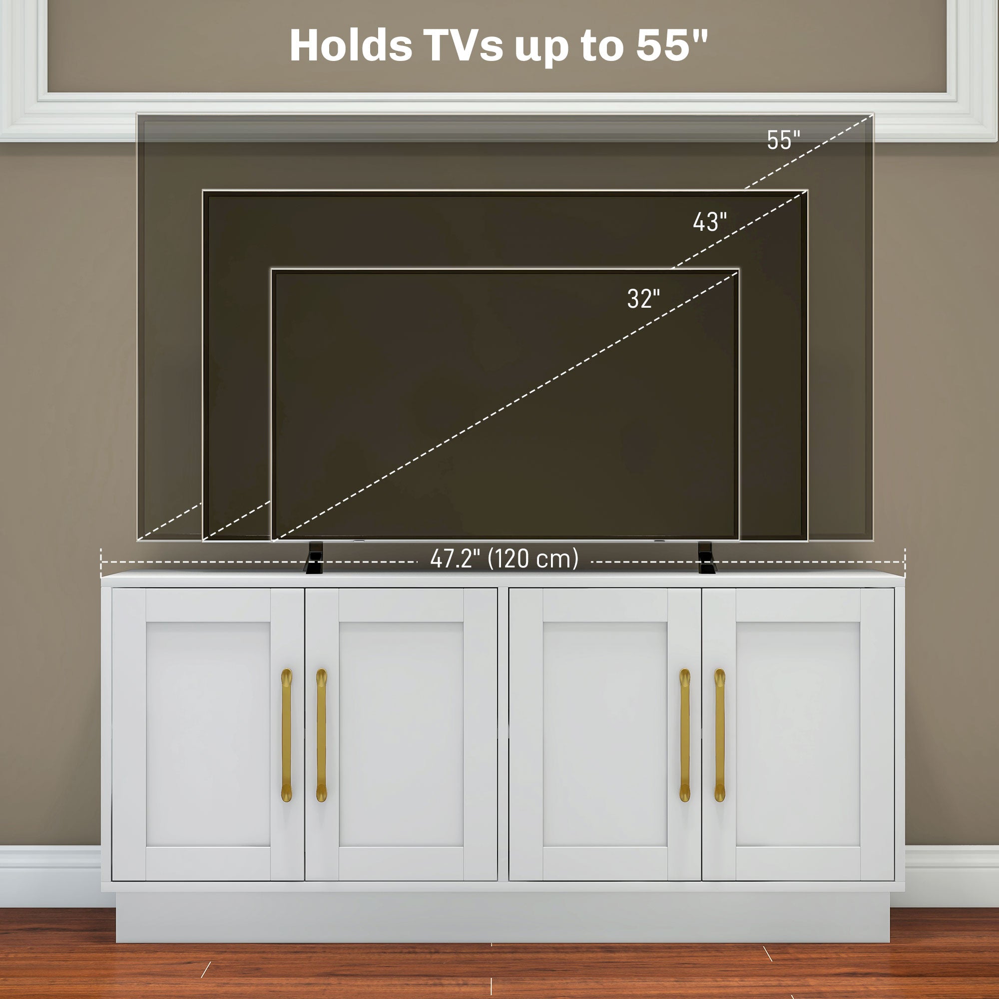 Modern TV Stand for up to 55" TV, TV Cabinet with 4 Soft Hinged Doors, 4 Cable Holes and 2 Adjustable Shelves, White
