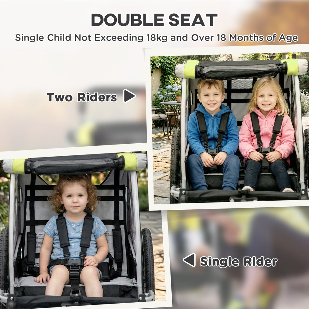 Aosom 2 Seat Bike Trailer for Kids 2-in-1 Double Baby Stroller with Handbrake, Rubber Wheels, 5 Point Harness, Waterproof Cover, Storage Bag, Reflectors, Green