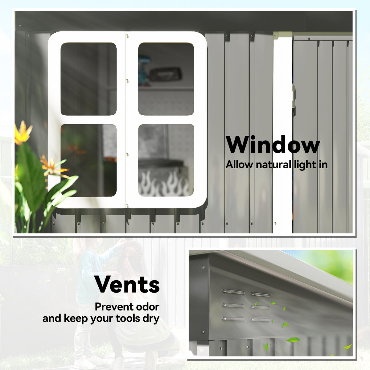 8.5' x 6' Galvanised Steel Outdoor Storage Shed, Garden Shed with Window, Lockable Wide Doors and Air Vents, Grey